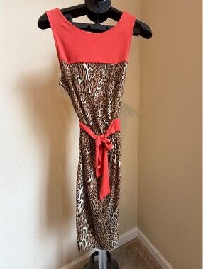 New York & Company Women's Fit & Flare Dress Sleeveless Animal Print M Orange